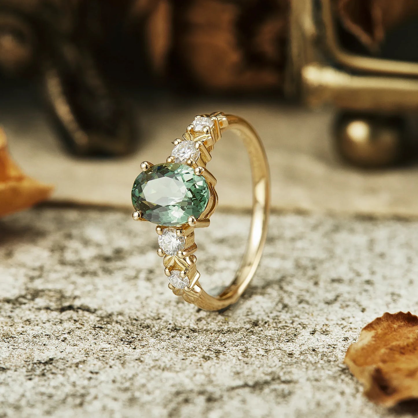 Oval Cut Green Sapphire Leaf Ring