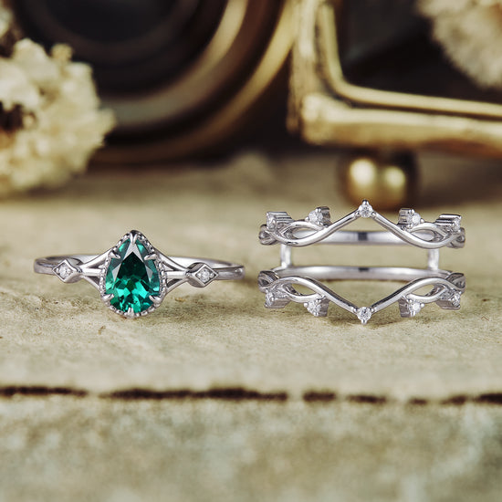 GemsMagic Pear Emerald Vineman Enhancer Ring Set 2pcs