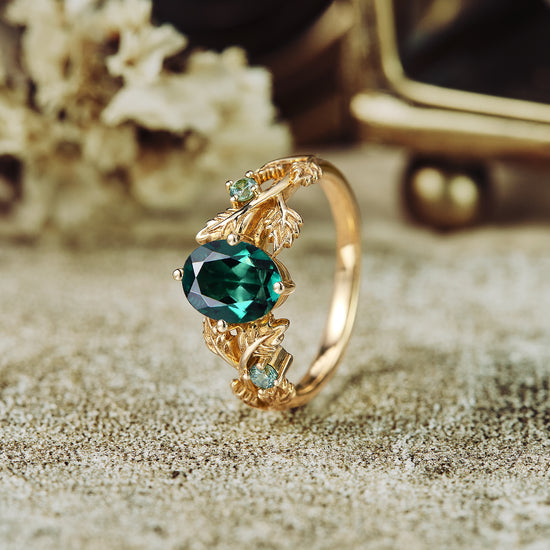 GemsMagic Leaf-Inspired Oval Emerald Engagement Ring
