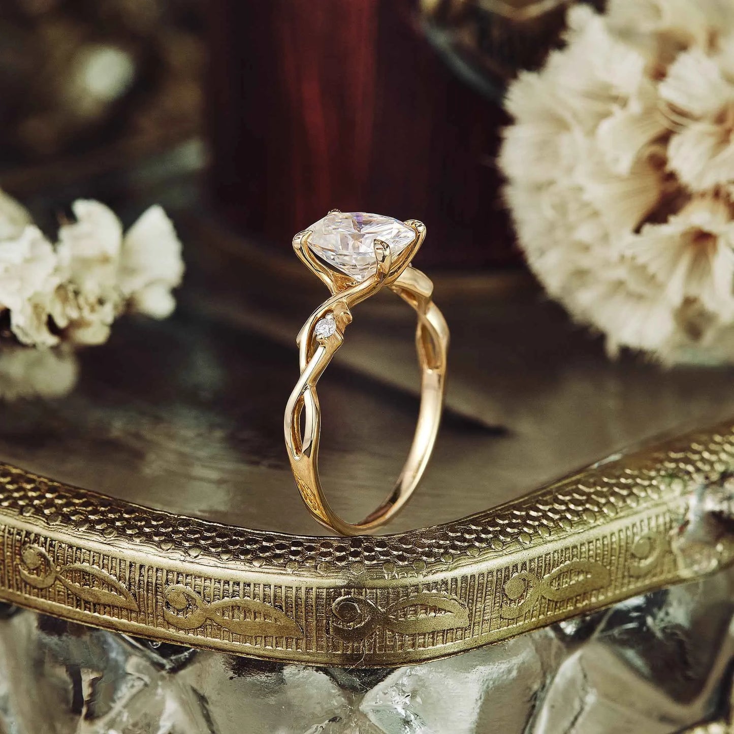 Oval Moissanite Cluster Floral Engagement Ring