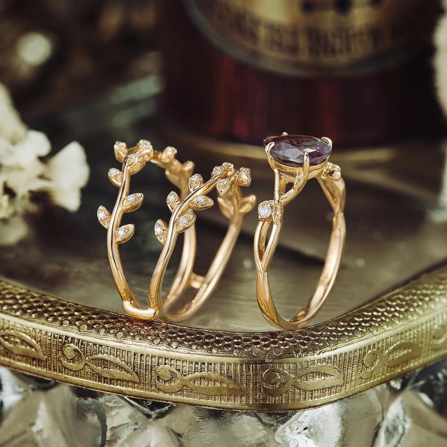 Pear Alexandrite One - stone - leaf Enhancer Ring Set