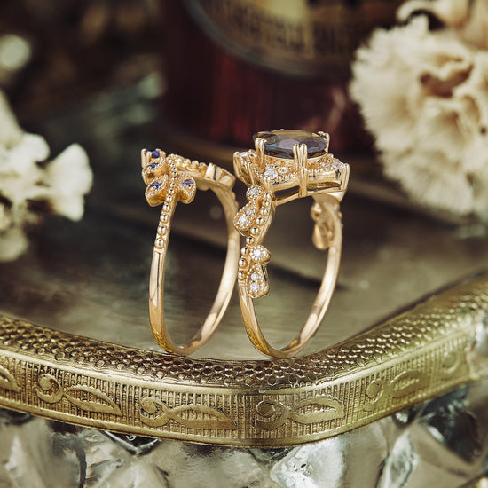 GemsMagic Pear Cut Alexandrite Twisted Engagement Ring Set 2pcs