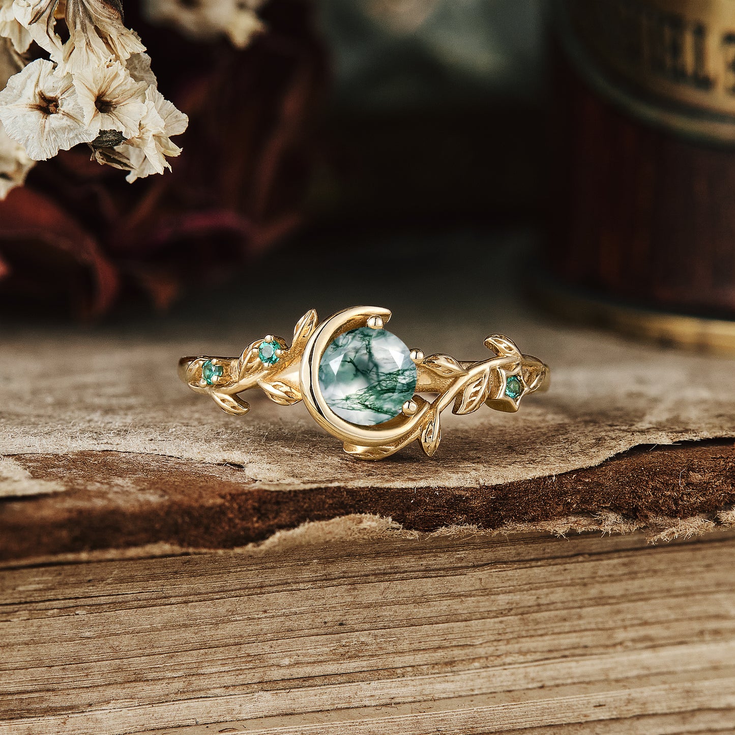 Moon Encircled Moss Agate Ring - Mia