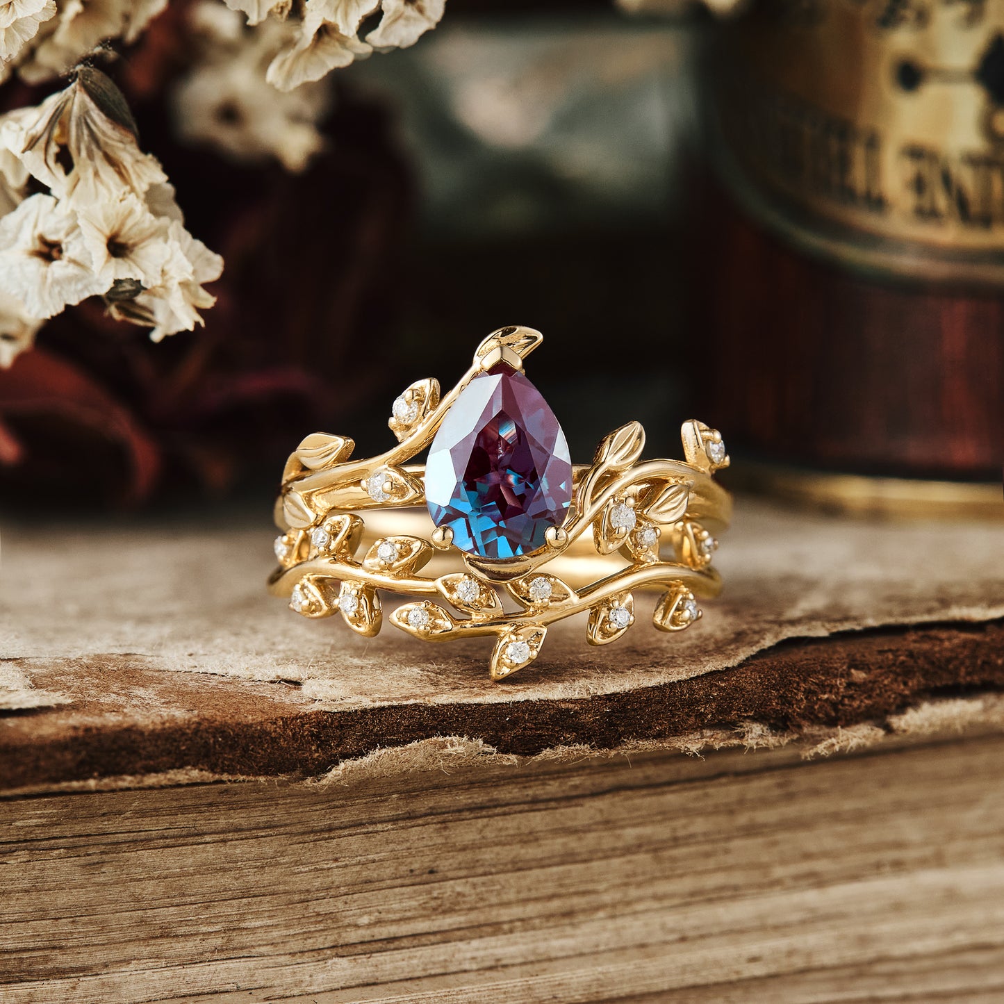 Pear Cut Alexandrite Engagement Ring Set