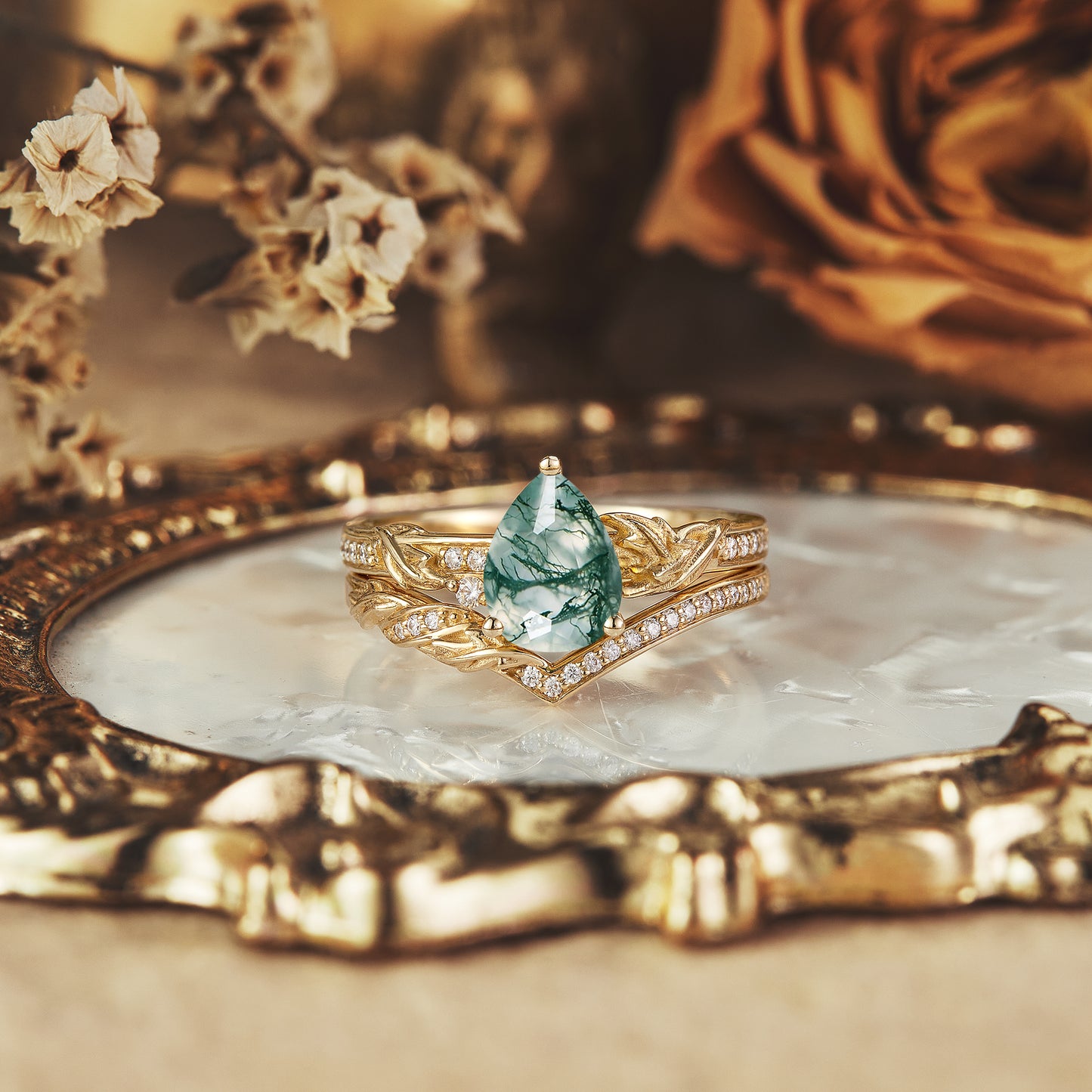 Asymmetric Pear Shape Moss Agate Engagement Ring - Avery2.0