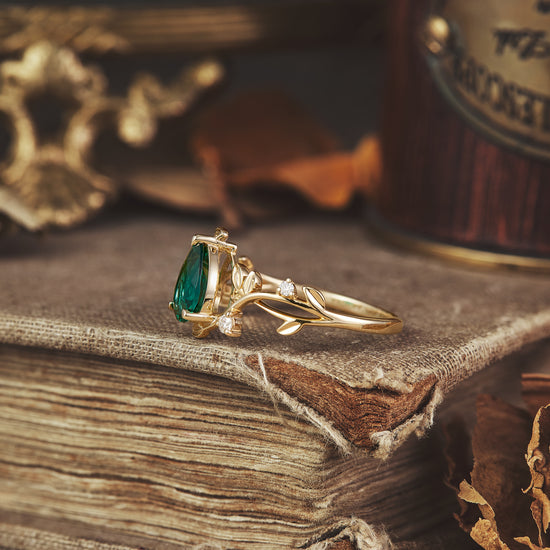 6x8mm Pear Cut Emerald Leaf Ring - Grace