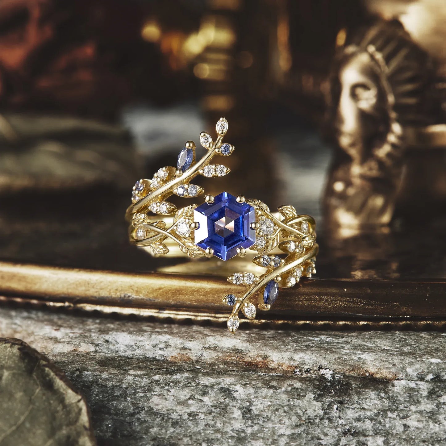 Aphrodite's Hexagon Sapphire Vine Ring Set