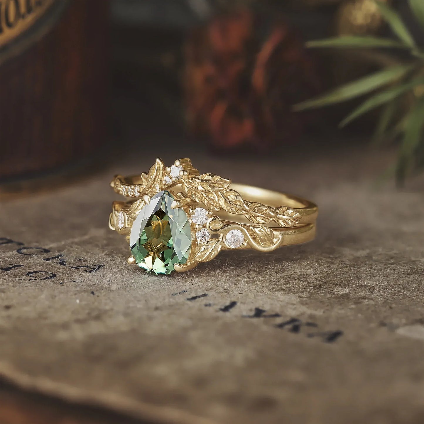 Green Sapphire Leaf Ring Set