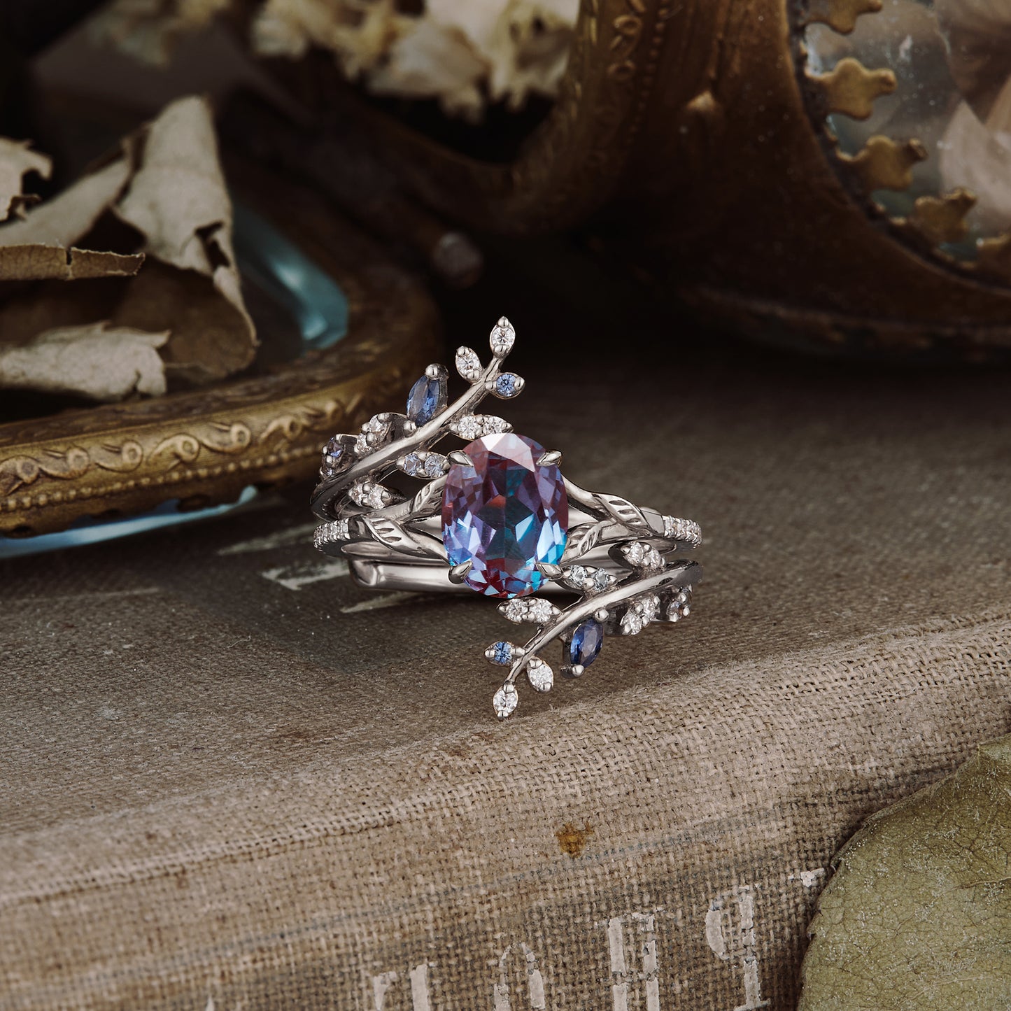 Custom Rings - GemsMagic Oval Moissanite Half Eternity Leaf Engagement Ring 2pcs