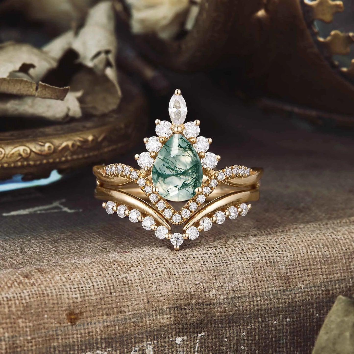 Crown Inspired Moss Agate Ring Set