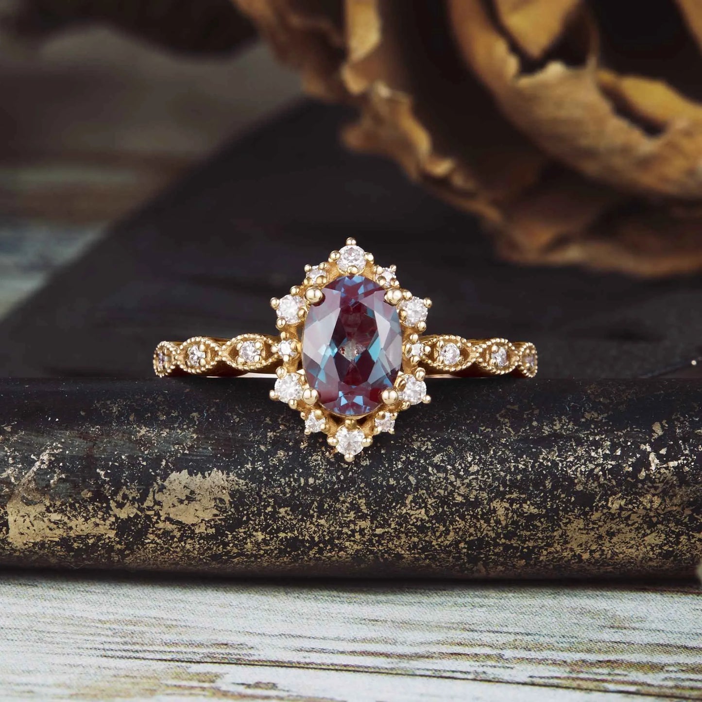 Oval Alexandrite Cluster Engagement Ring
