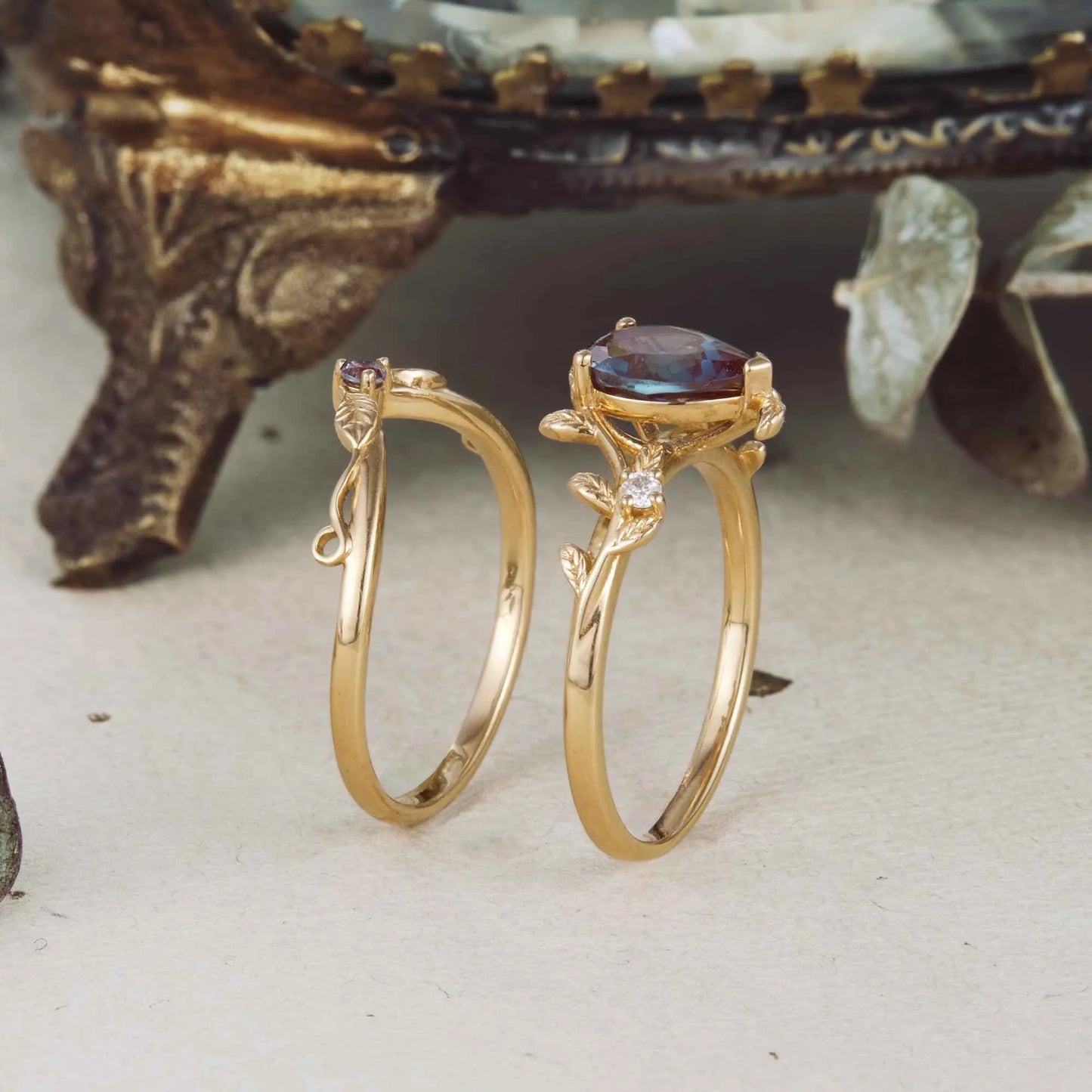 Alexandrite Leaf Engagement Ring Set 2pcs