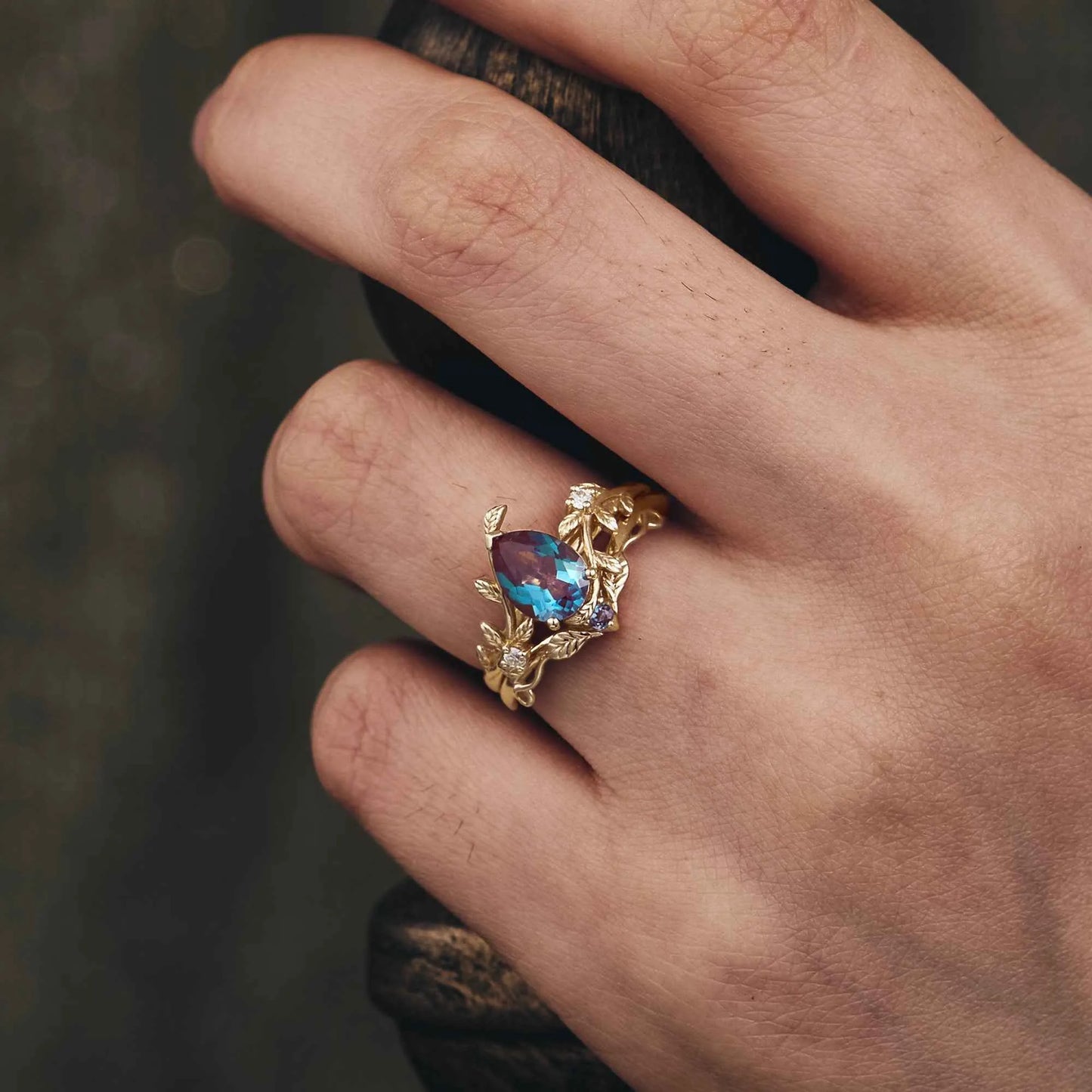 Alexandrite Leaf Engagement Ring Set 2pcs