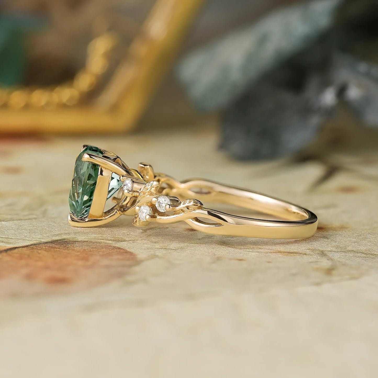 Heart Shaped Green Sapphire Leaf Engagement Ring