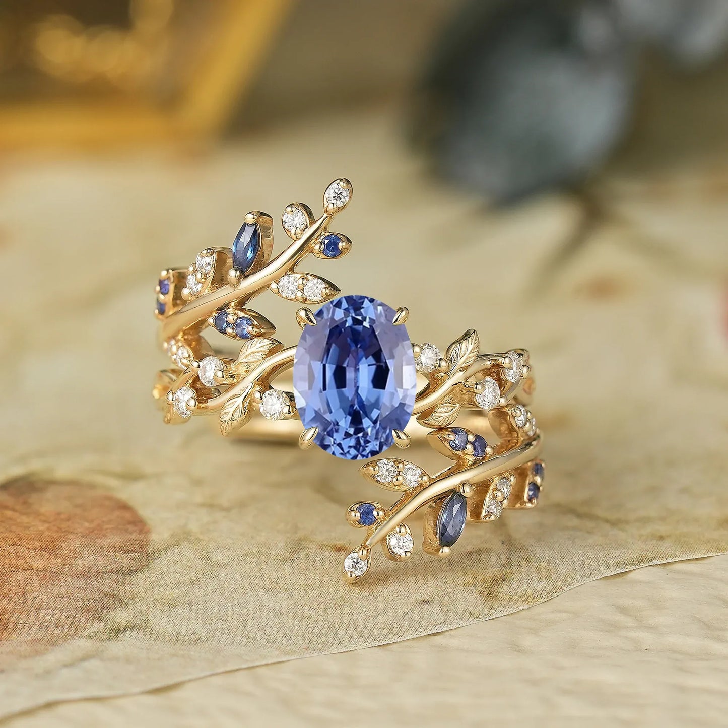 Cornflower Sapphire Cross Leaf Ehancer Ring Set