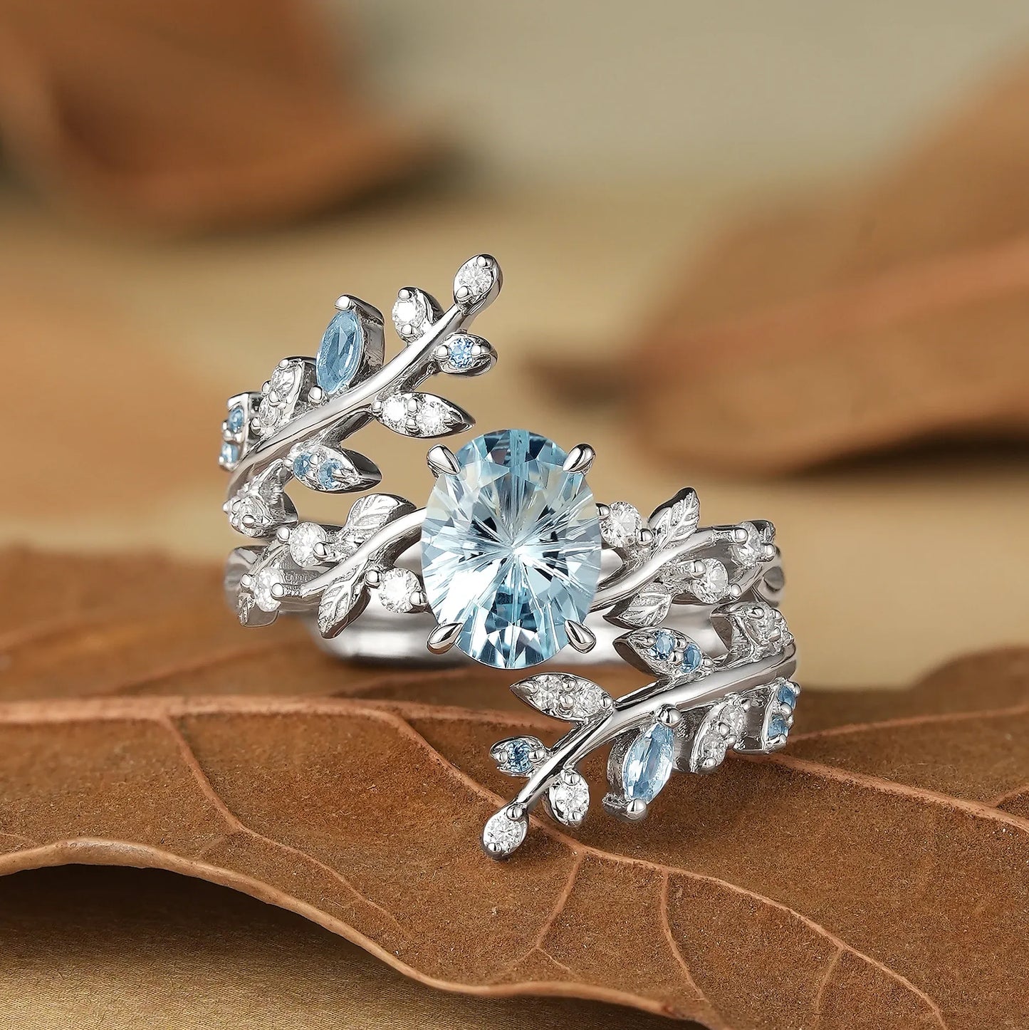 Sparkle Cut Lab Grown Aquamarine Cross Leaf Ehancer Ring Set