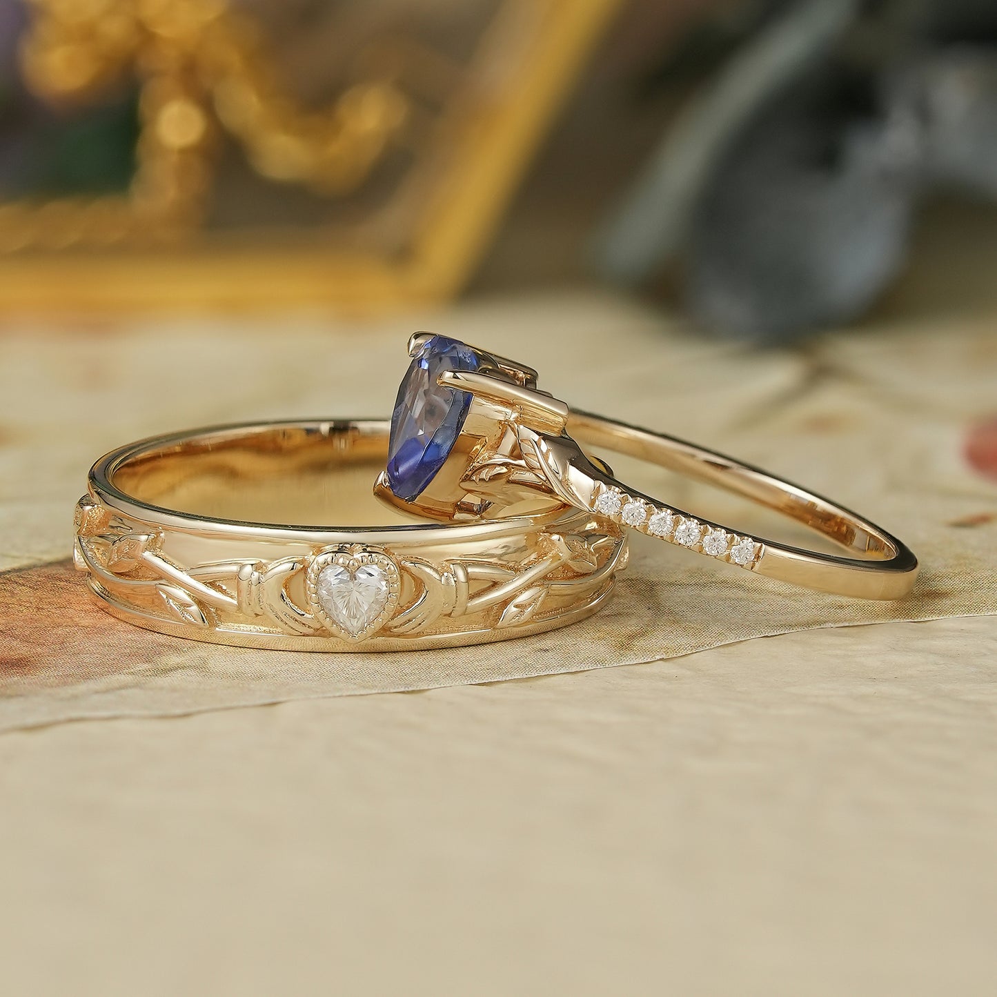Sapphire&Moissanite Couple Ring Set