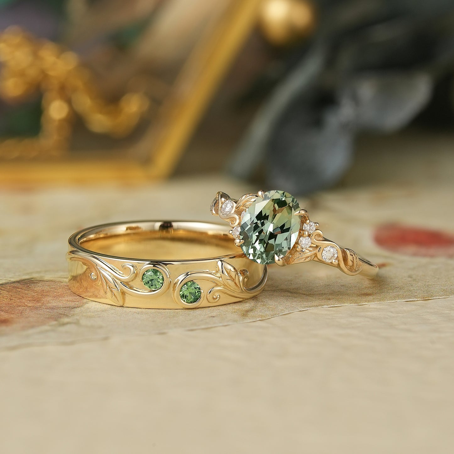Green Sapphire Couple Ring Set-Tides of Us - GemsMagic