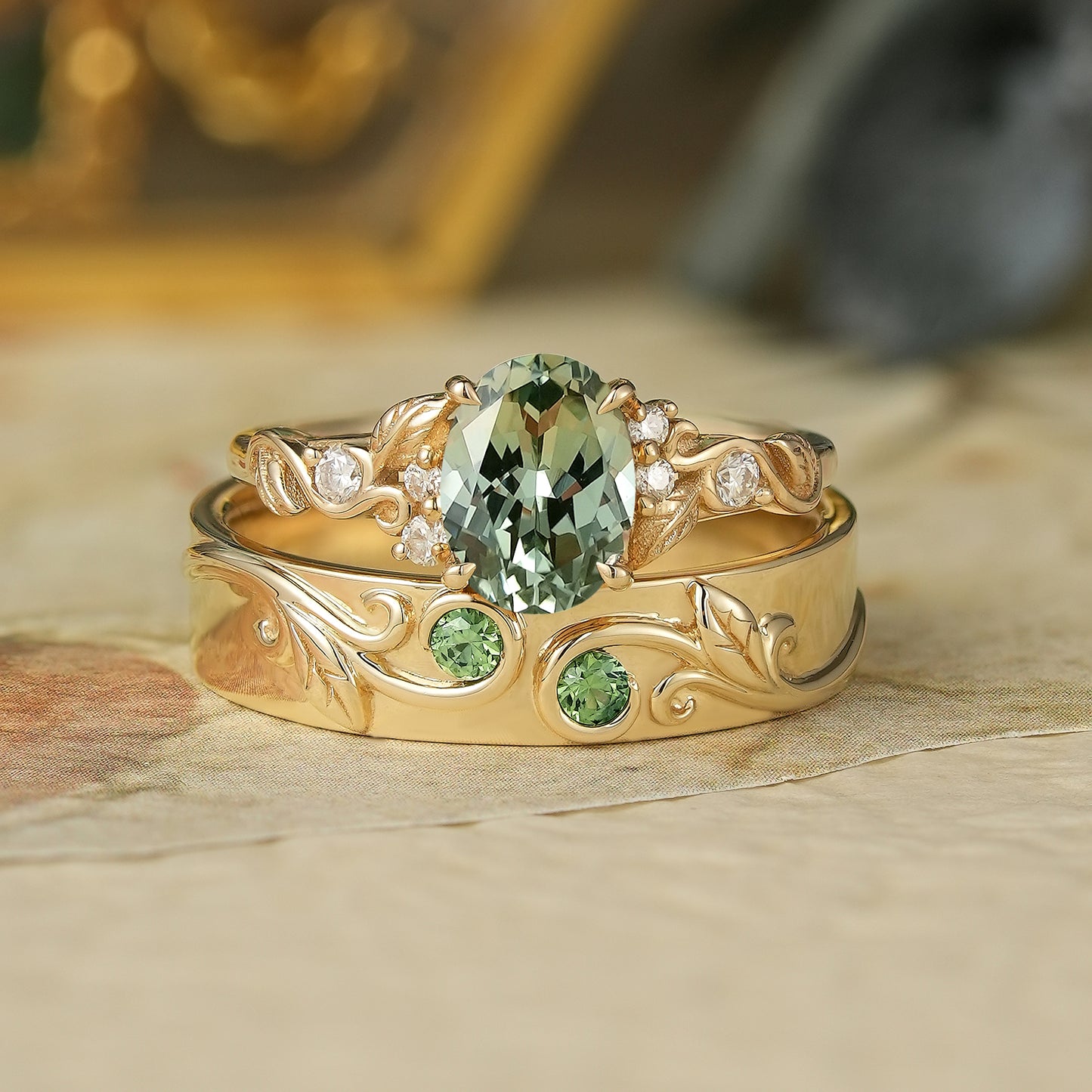 Green Sapphire Couple Ring Set-Tides of Us - GemsMagic