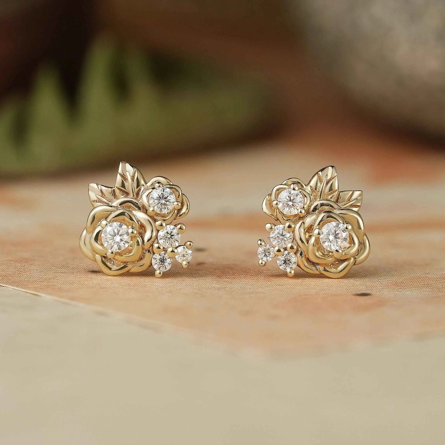 Rose and Leafy Design Moissanite Earrings