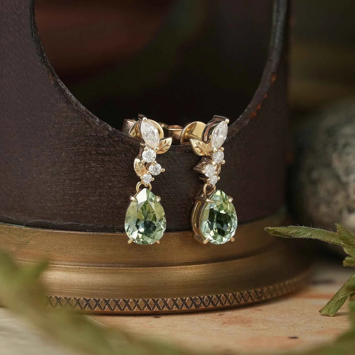 Green Sapphire and Moissanite Earrings