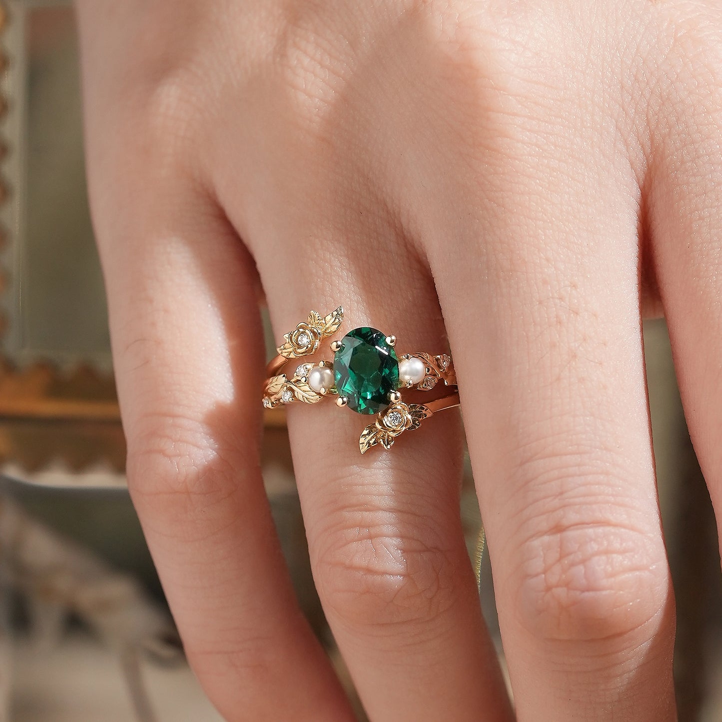 Oval Cut Emerald Leaf Vine Ring Set