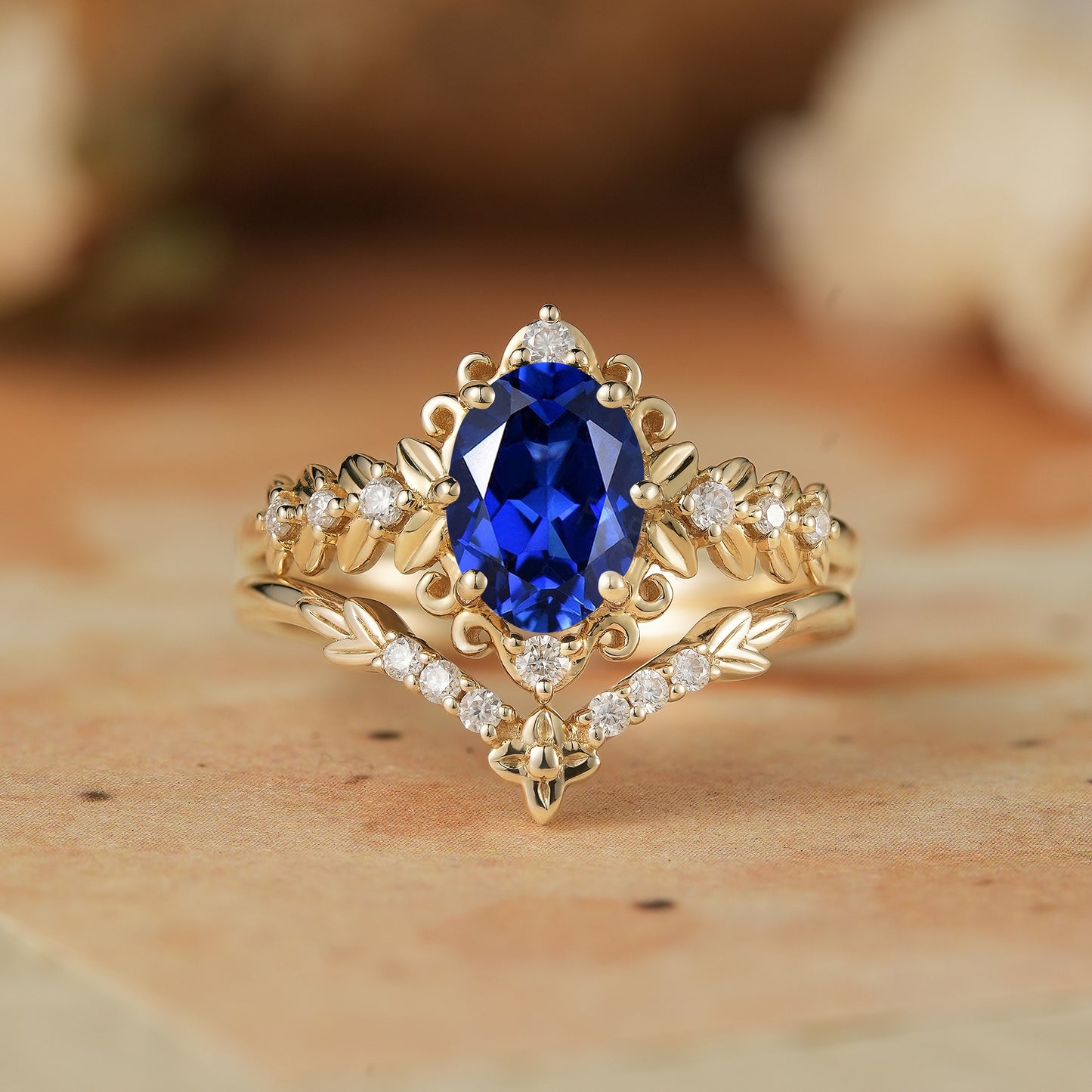 Royal Blue Sapphire Leaf Bridal Ring Set-Tamsin - GemsMagic
