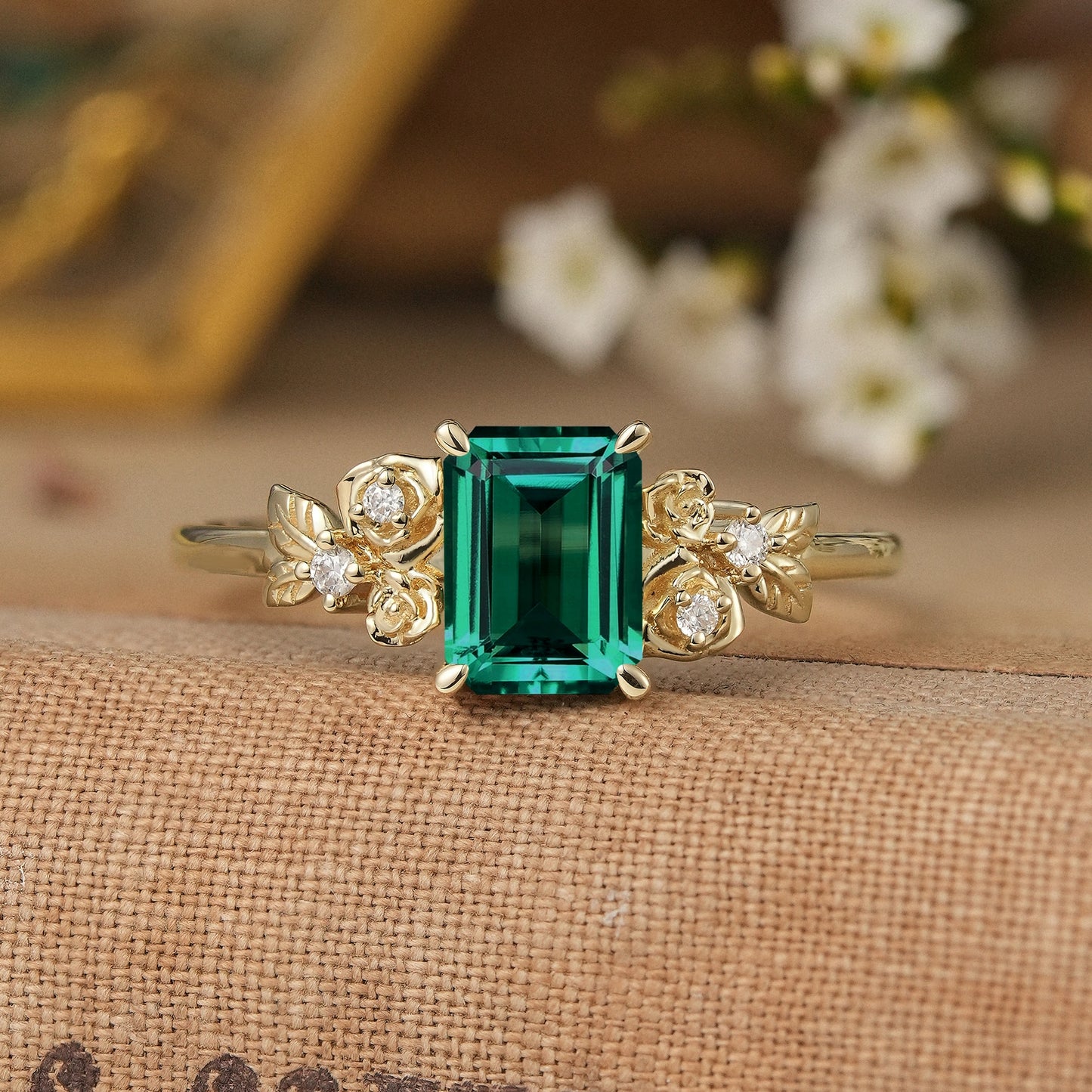 Rose Blossom: Vintage Two-Tone Emerald Ring - Trinity - GemsMagic