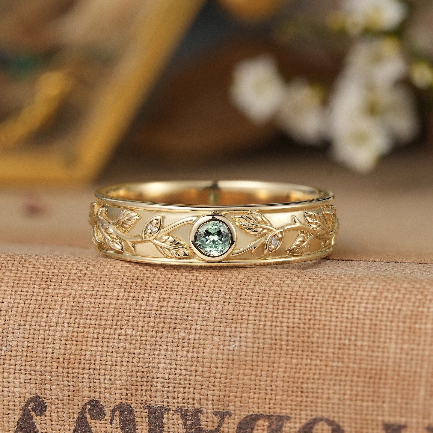Round Green Sapphire Leafy Men's Ring