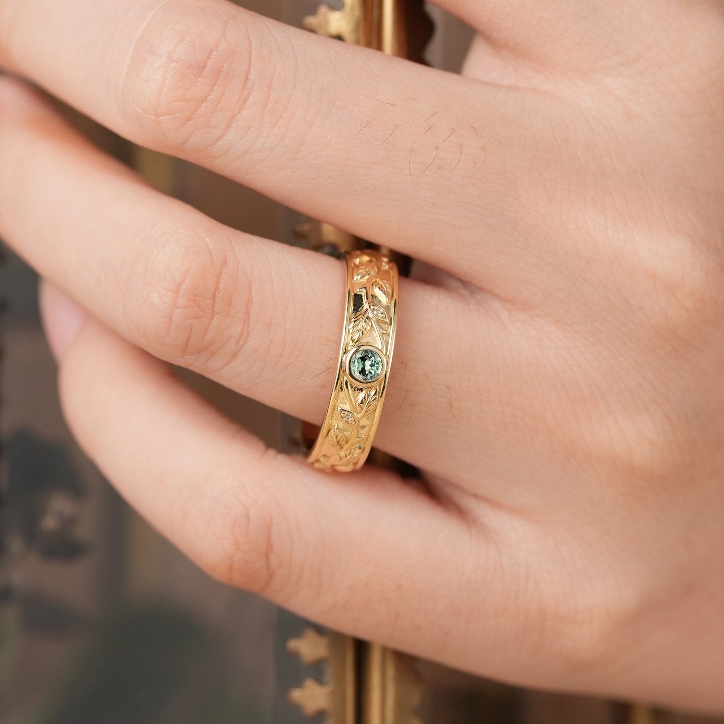 Round Green Sapphire Leafy Men's Ring