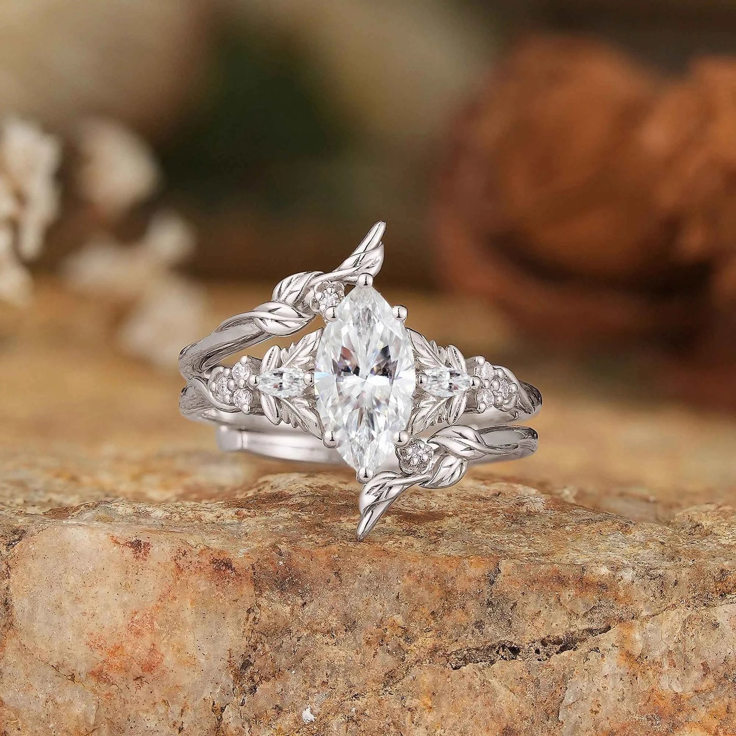 Marquise Moissanite with Leaf Enhancer Ring 2pcs - Margaret