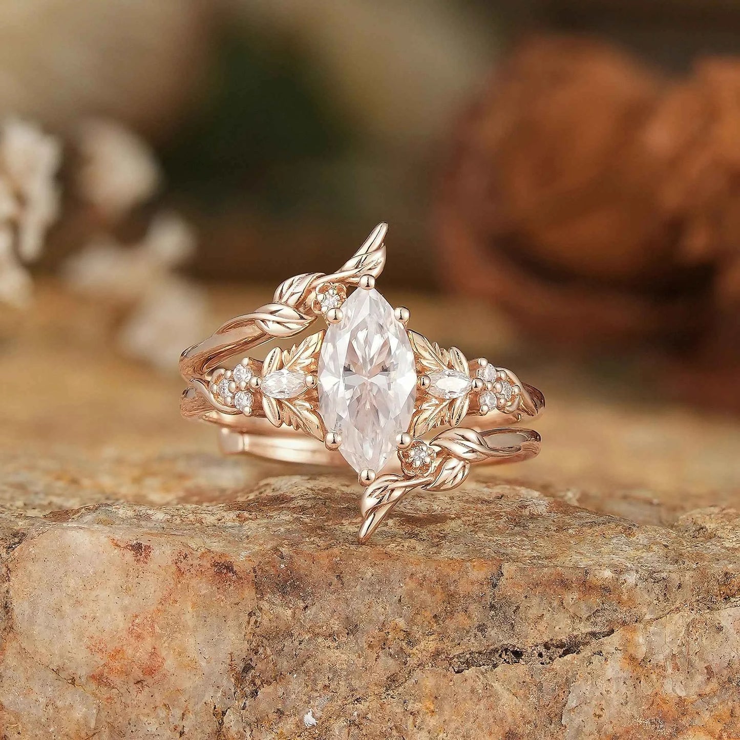 Marquise Moissanite with Leaf Enhancer Ring 2pcs - Margaret