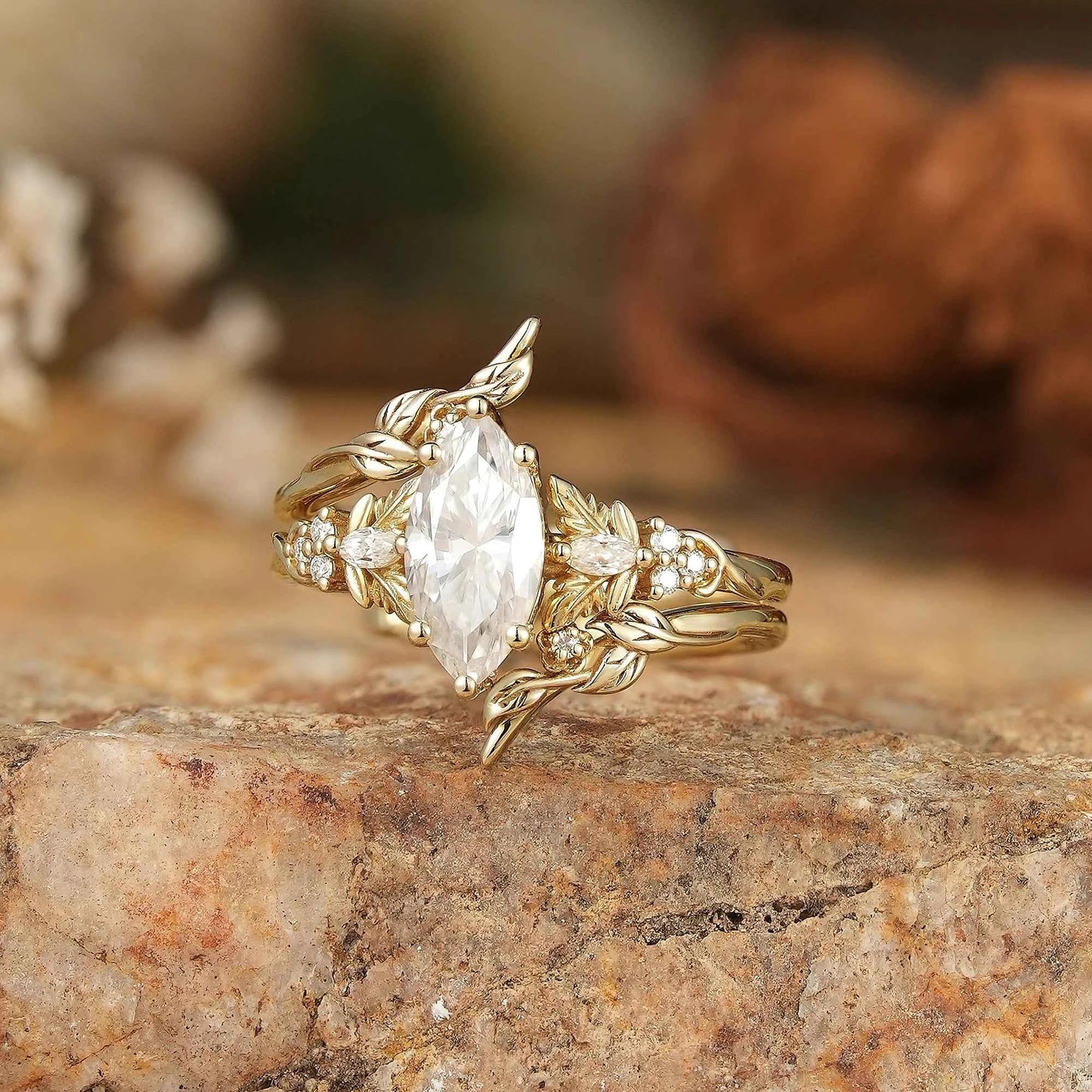 Marquise Moissanite with Leaf Enhancer Ring 2pcs - Margaret