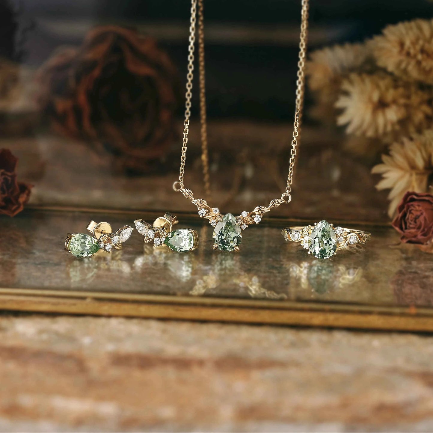 Nature Inspired 3pcs Green Sapphire Jewelry Sets-Ring & Necklace & Earrings