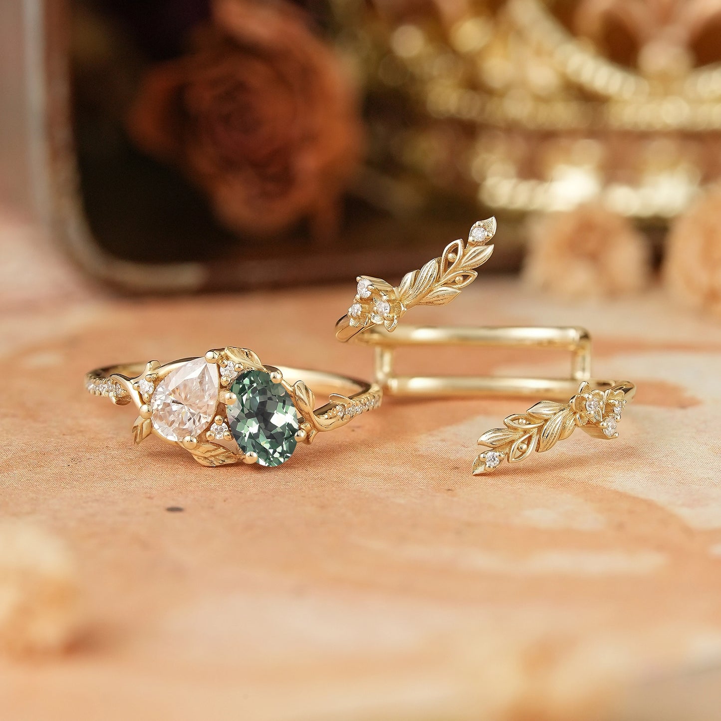 Two - Stone Pear Moissanite and Oval Green Sapphire Toi Et Moi Leaf Bridal Ring Set - GemsMagic