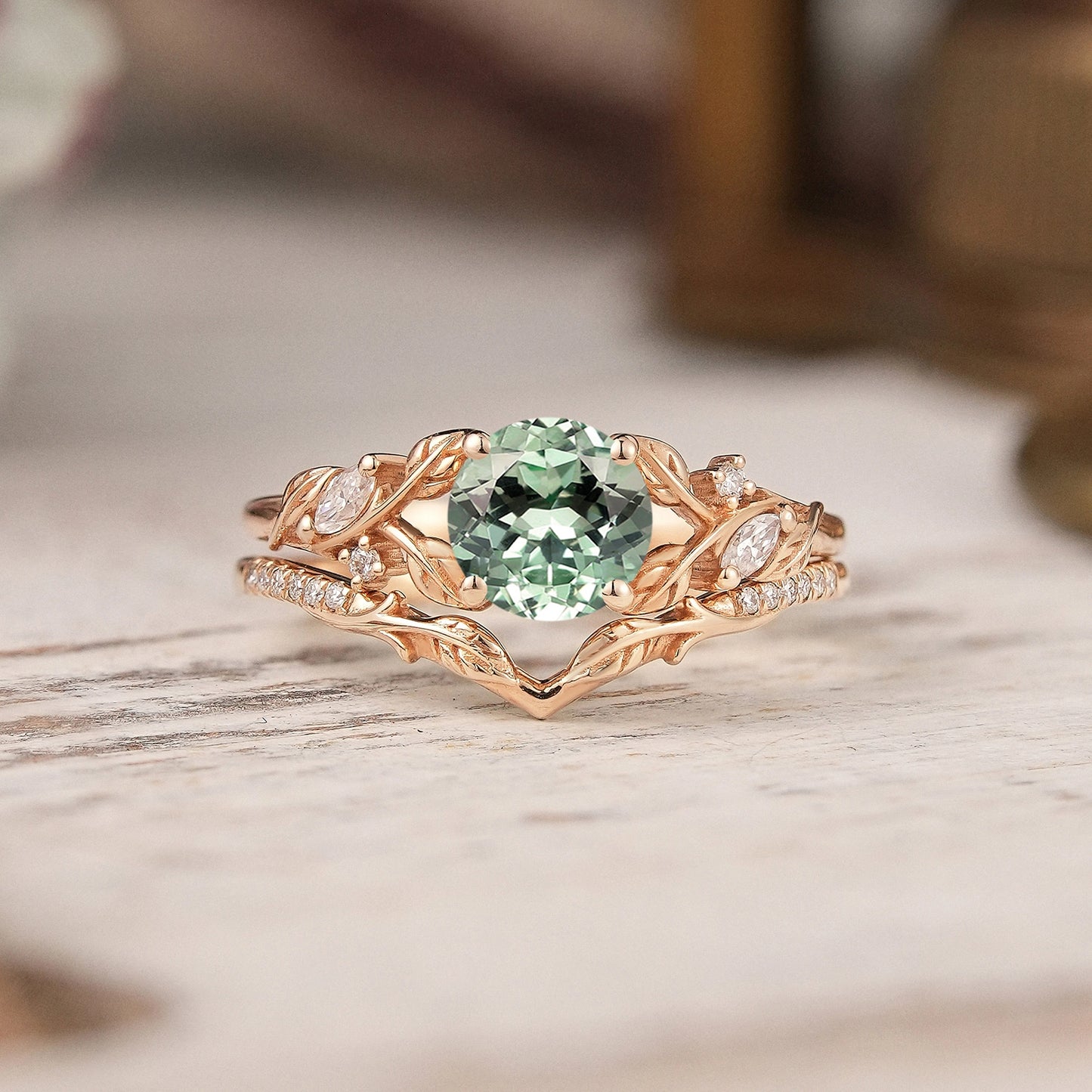 Green Sapphire Split Band Leaf Inspired Bridal Ring Set Elven Ring