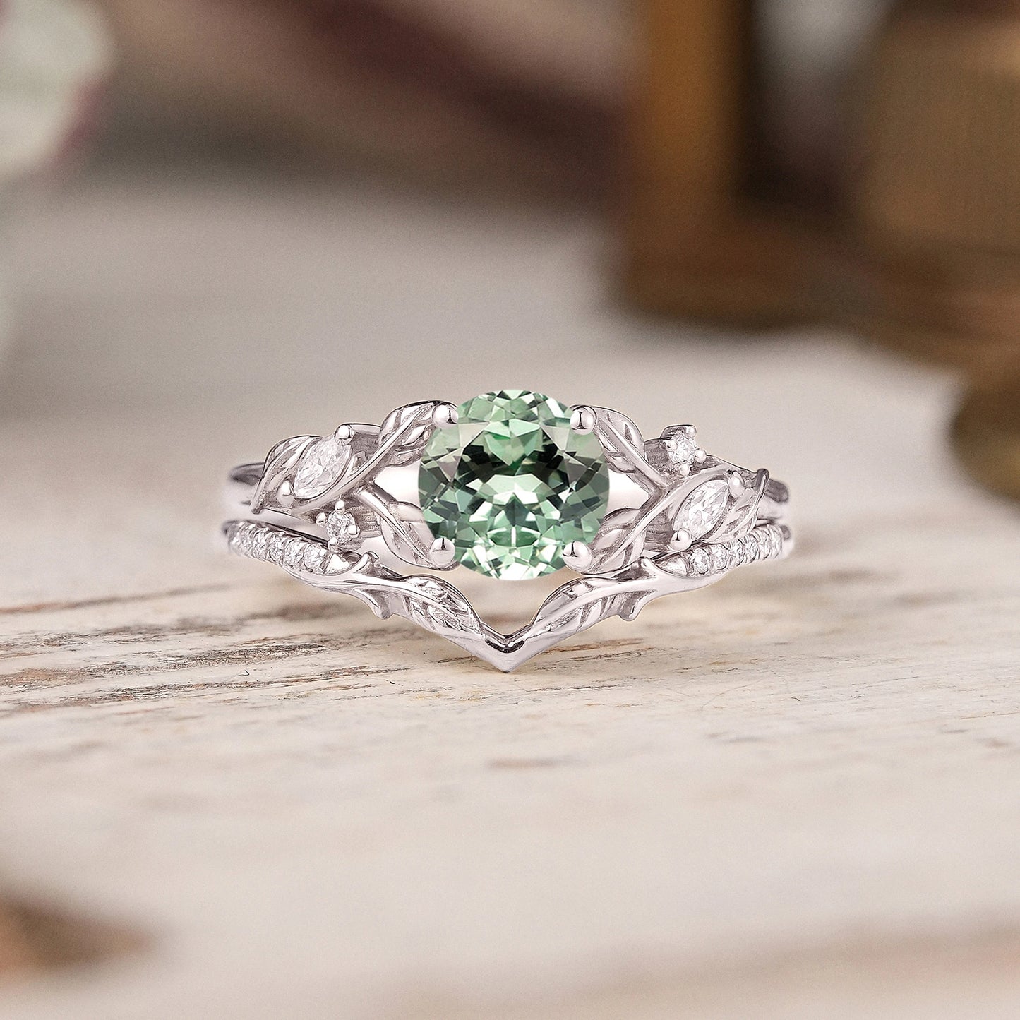 Green Sapphire Split Band Leaf Inspired Bridal Ring Set Elven Ring