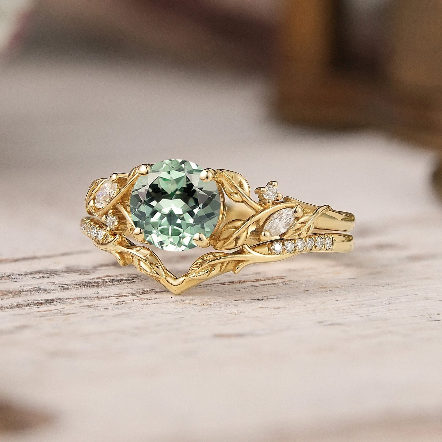 Green Sapphire Split Band Leaf Inspired Bridal Ring Set Elven Ring