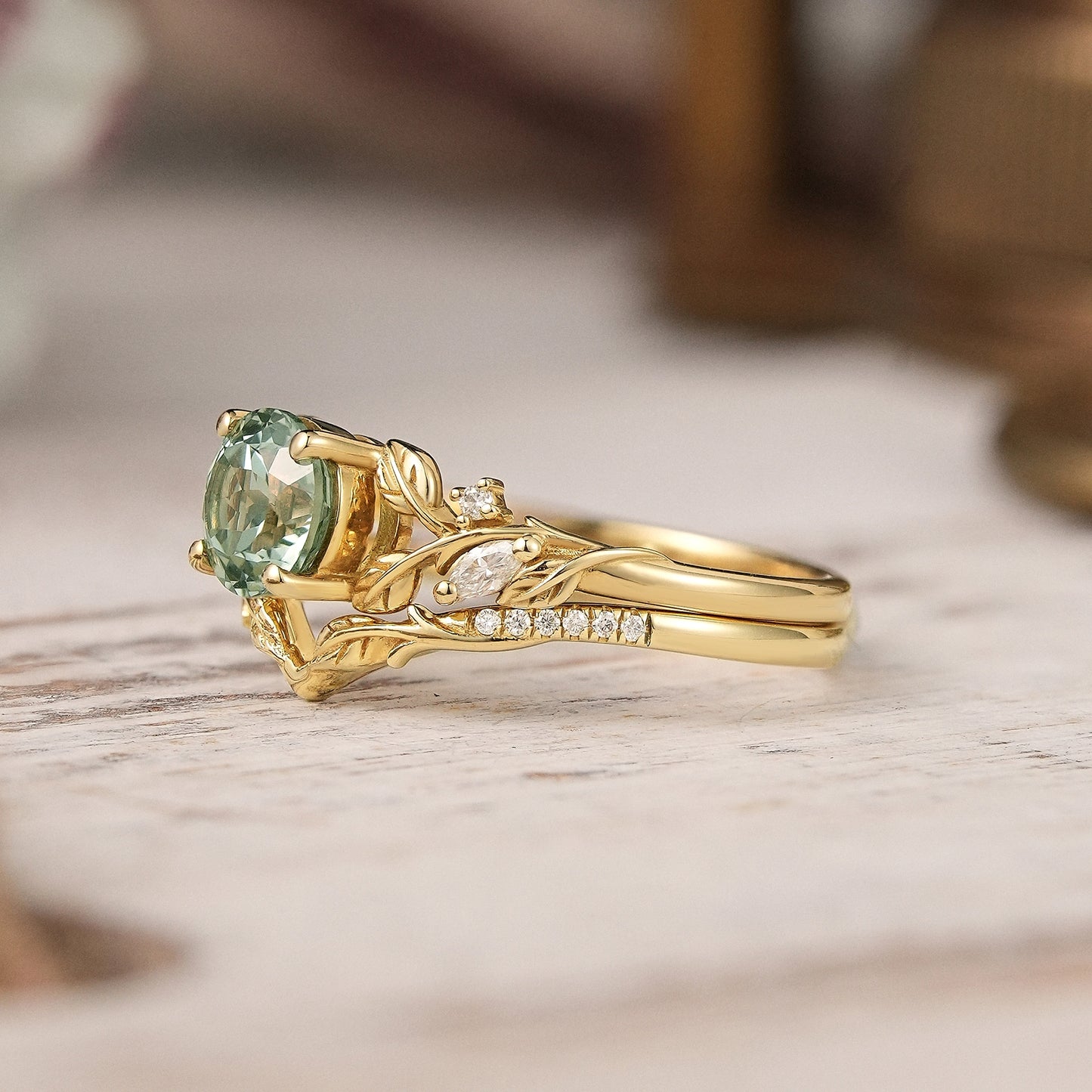 Green Sapphire Split Band Leaf Inspired Bridal Ring Set Elven Ring