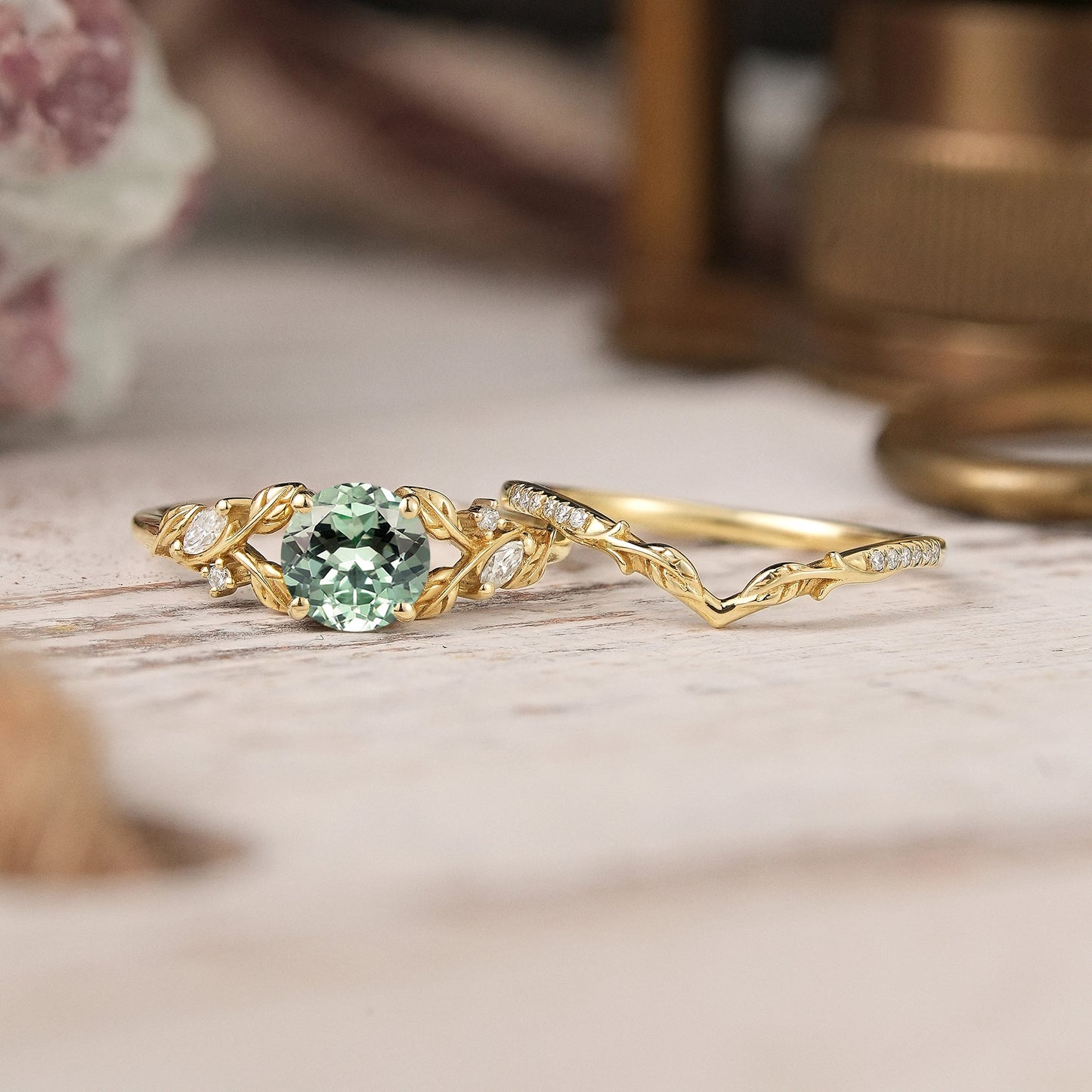 Green Sapphire Split Band Leaf Inspired Bridal Ring Set Elven Ring