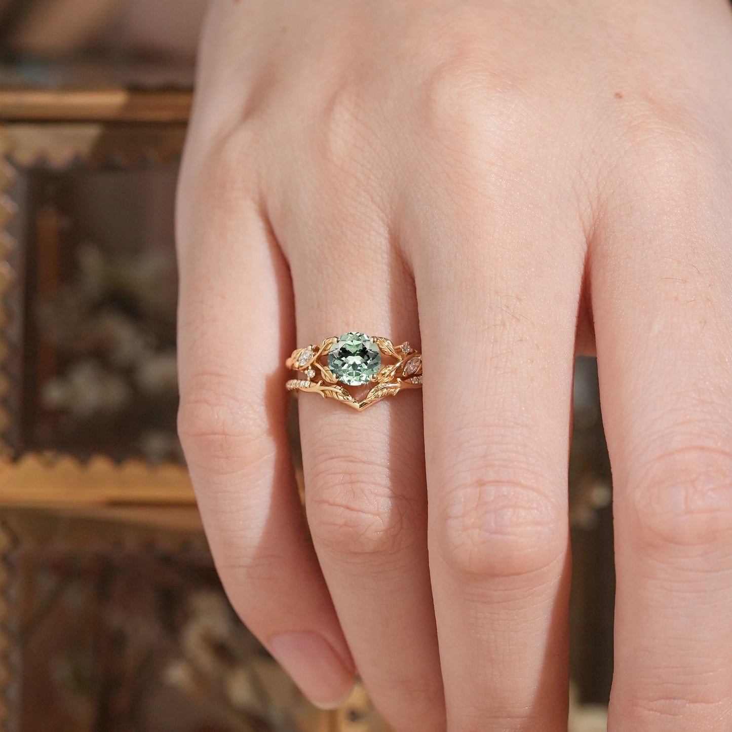Green Sapphire Split Band Leaf Inspired Bridal Ring Set Elven Ring