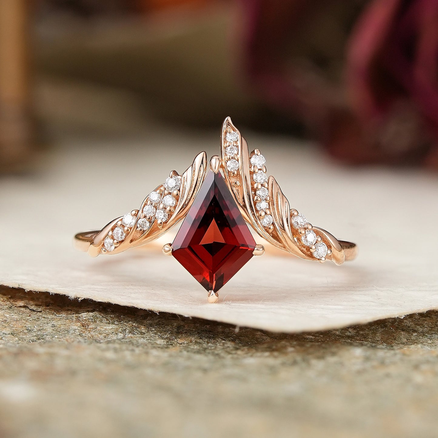 Unique Kite Cut Garnet Engagement Ring Nature Inspired Ring