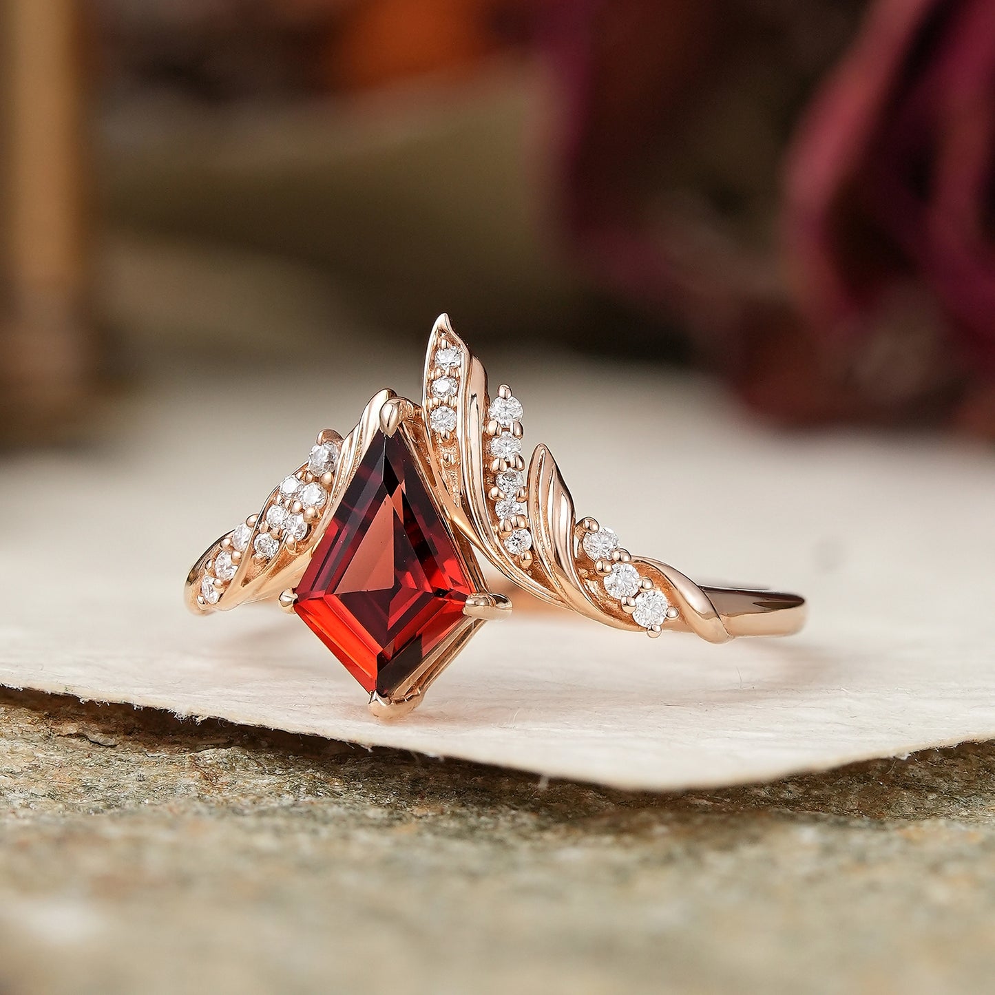 Unique Kite Cut Garnet Engagement Ring Nature Inspired Ring