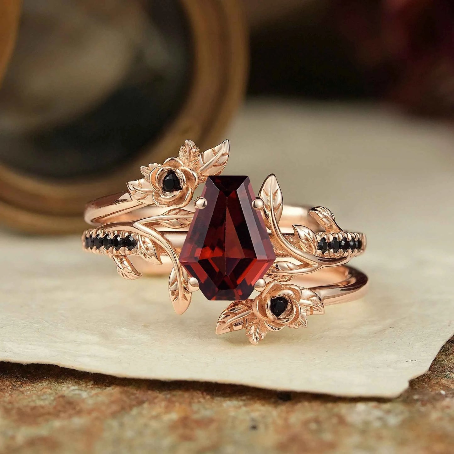 Coffin Cut Garnet And Black Onyx Floral Enhancer Ring Set - Rose Blossom