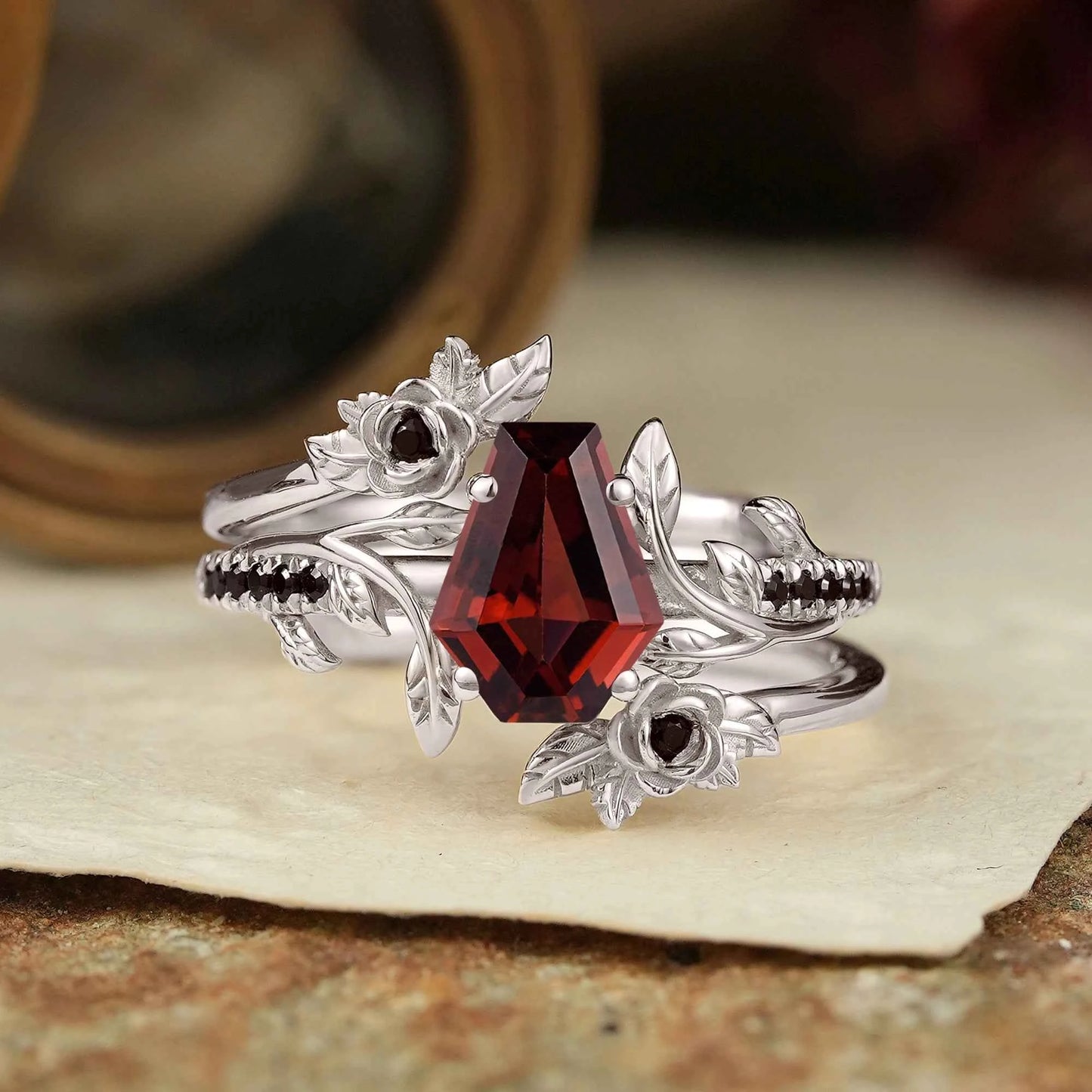 Coffin Cut Garnet And Black Onyx Floral Enhancer Ring Set - Rose Blossom