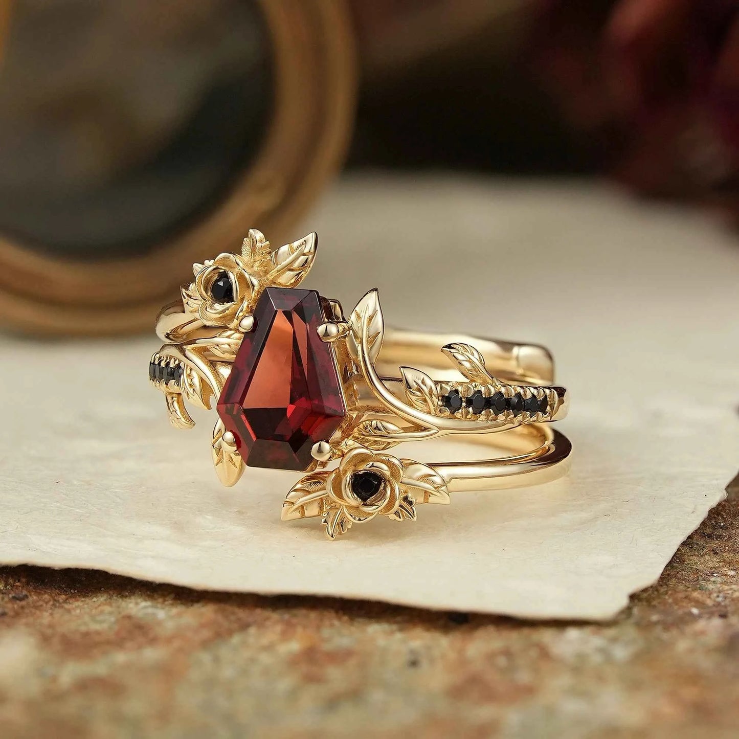 Coffin Cut Garnet And Black Onyx Floral Enhancer Ring Set - Rose Blossom