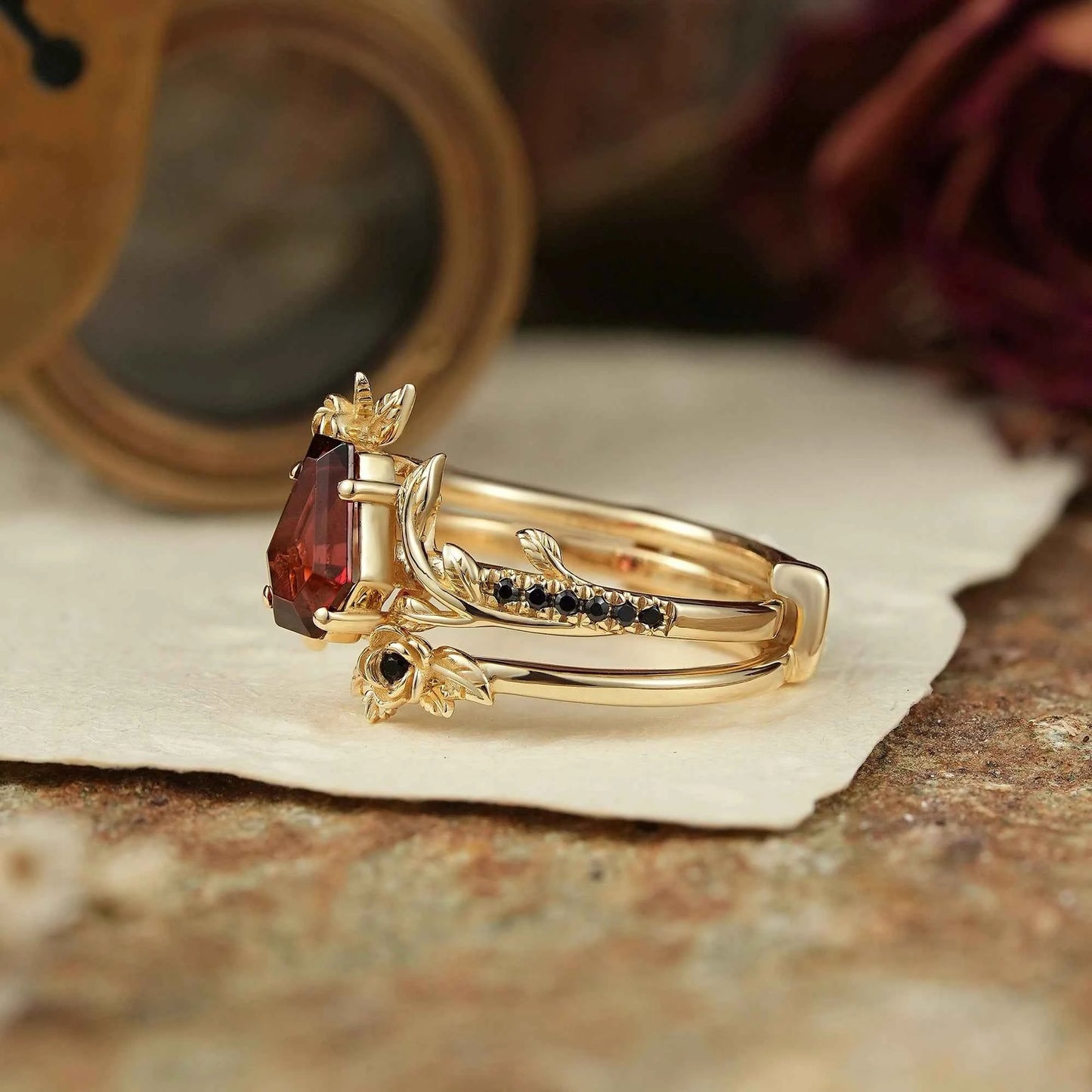 Coffin Cut Garnet And Black Onyx Floral Enhancer Ring Set - Rose Blossom