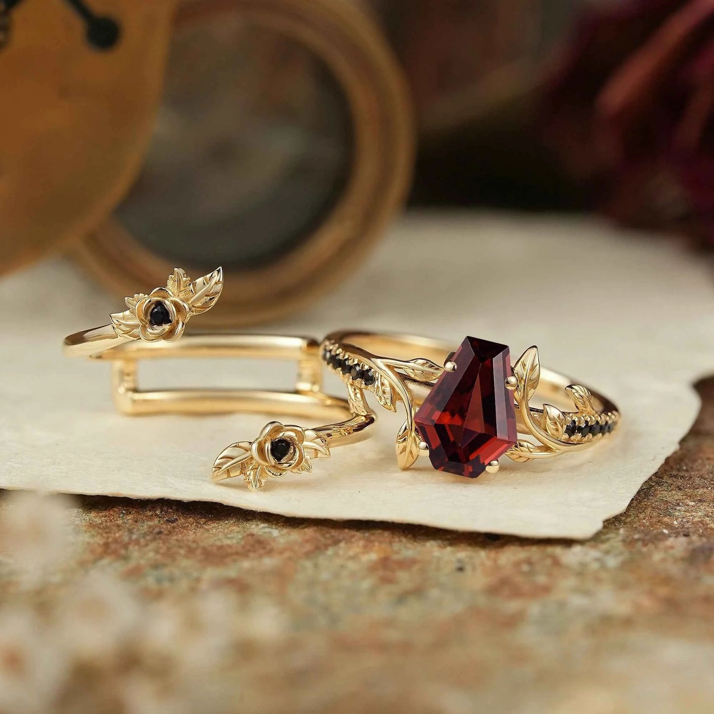 Coffin Cut Garnet And Black Onyx Floral Enhancer Ring Set - Rose Blossom