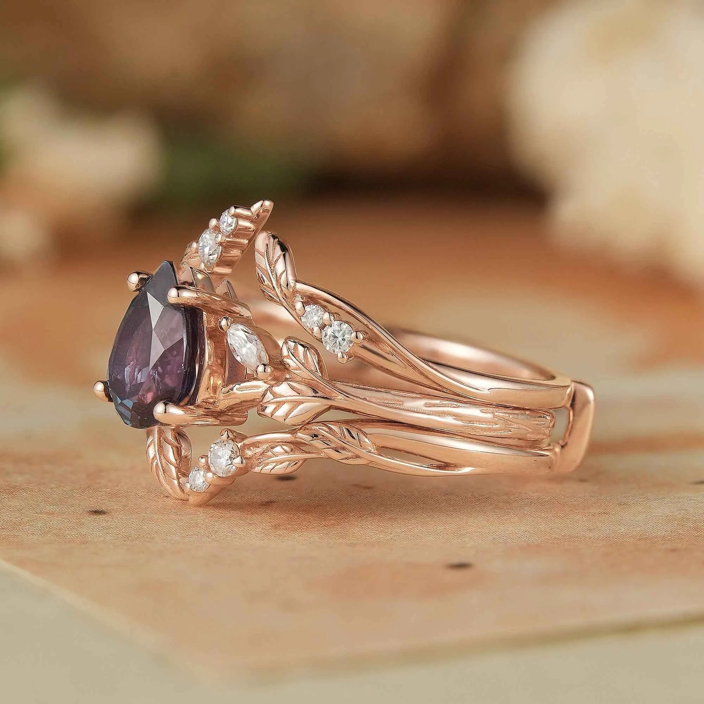 Pear Alexandrite Enhacner Leaf Ring Set 2pcs