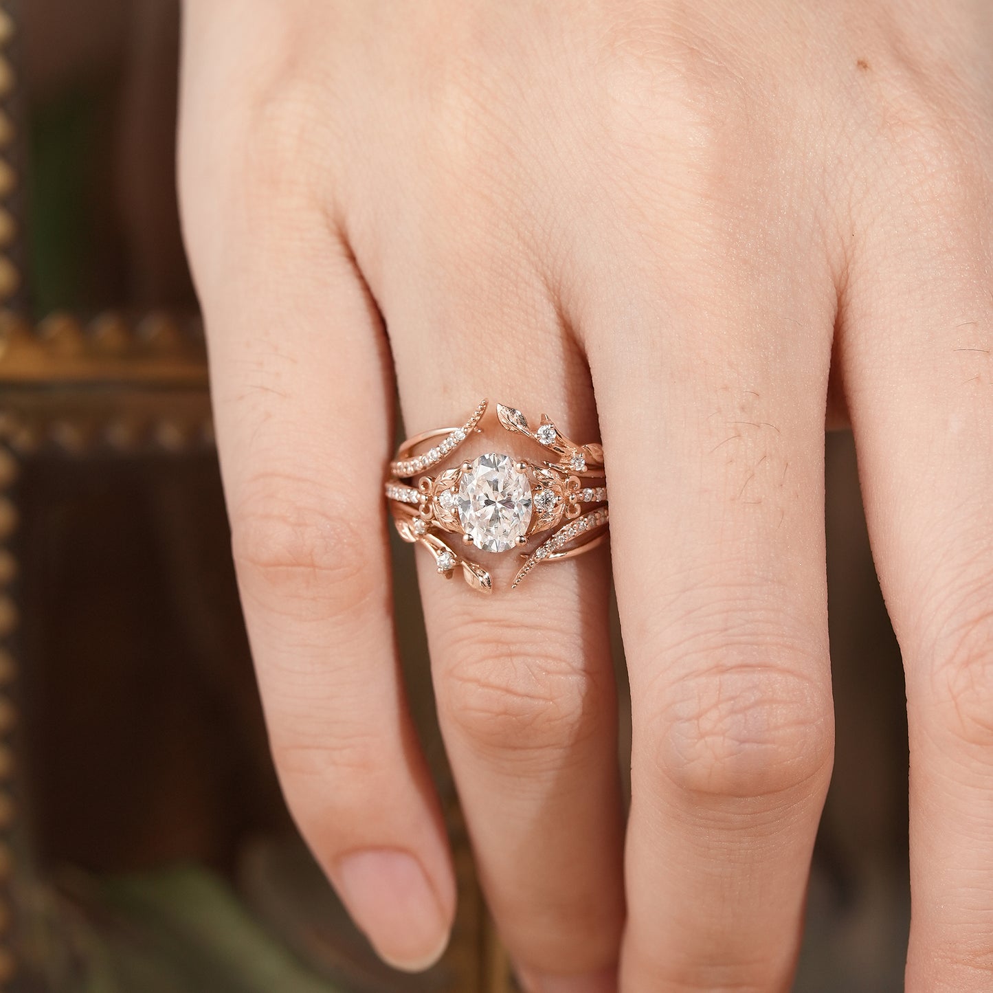 Oval Moissanite Rose Gold Enhancer Ring Set
